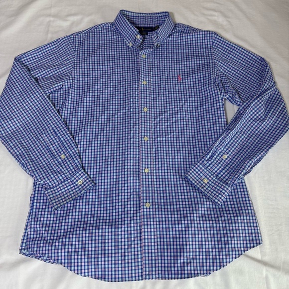 Ralph Lauren Shirt Blue Plaid Button Down Long Sleeve Men Size Large Performance - Picture 1 of 7